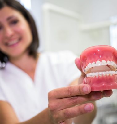 Portrait of female dentist holding a set of dentures in the clinic